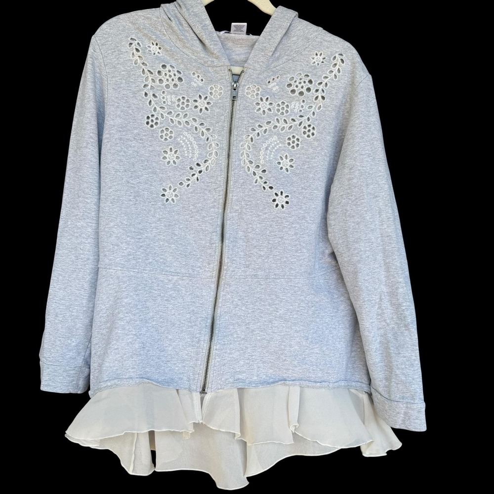 Serengeti Jacket Womens XL Gray Hooded Floral Embroidered Ruffle Hem Zip Knit